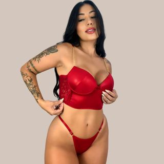 Conjunto Lingerie Com Bojo Fio Corpete Couro Fake com Alça em Corrente Júlia.