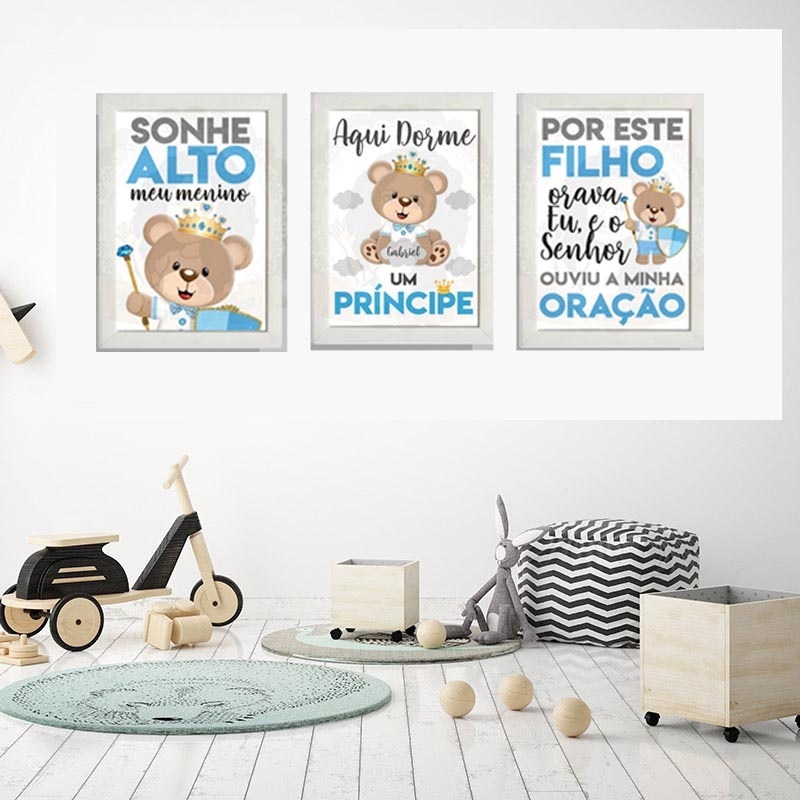 Quadro Decorativo Ursinho Coroa Personalizado Cajado Sonhe Alto Meu Menino Dorme Um Principe MANDAR NOME NO CHAT
