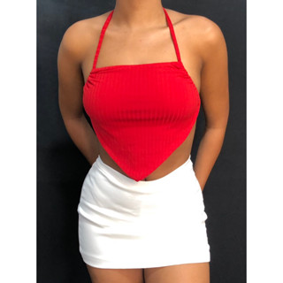 TOP CROPPED TRIÂNGULO INVERTIDO CANELADO FEMININO AMARRAÇÃO NAS COSTAS