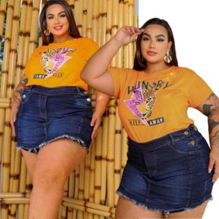 Short saia jeans feminino plus size curta cintura alta com lycra 46 a 54 modelo curve
