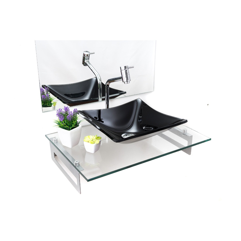 Kit Cuba De Vidro + Tampo + Suporte - Gabinete P/ Banheiros com Torneira Link