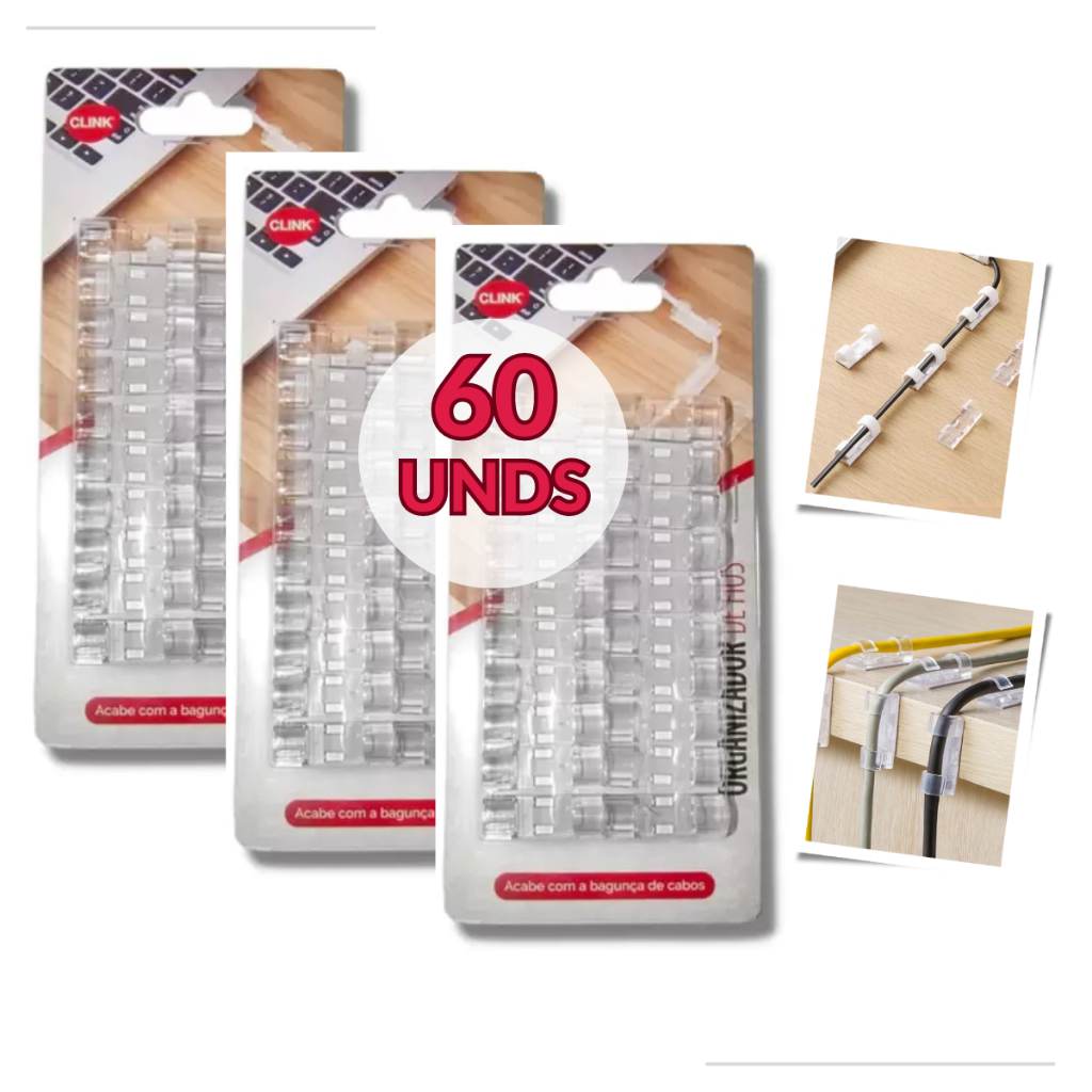 Kit 60 Clips Organizador De Cabo Fios Parede Fixador Adesivo