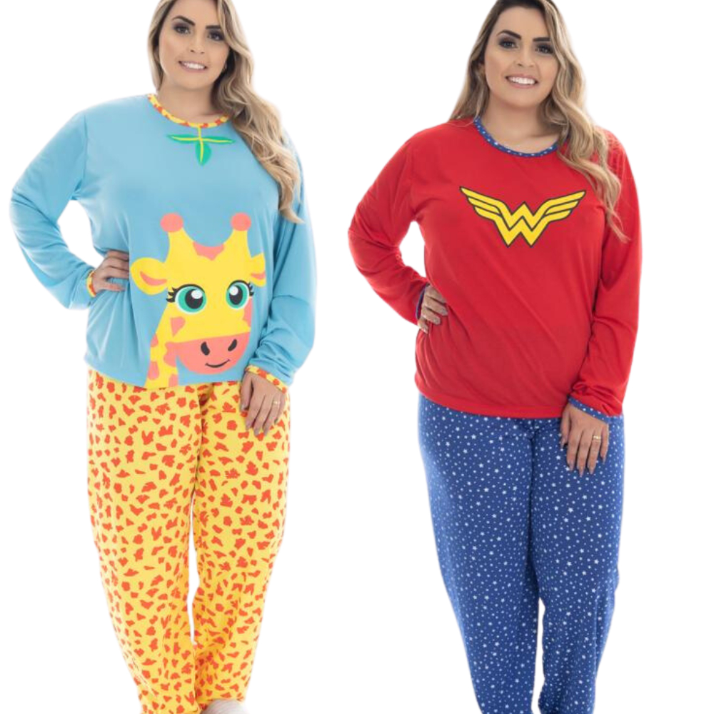 Kit 2 Pijamas De Frio Feminino Longo Plus Size Estampado/ Kit 2 Pijama Longo Plus Size P ao 56 em Oferta na Shopee
