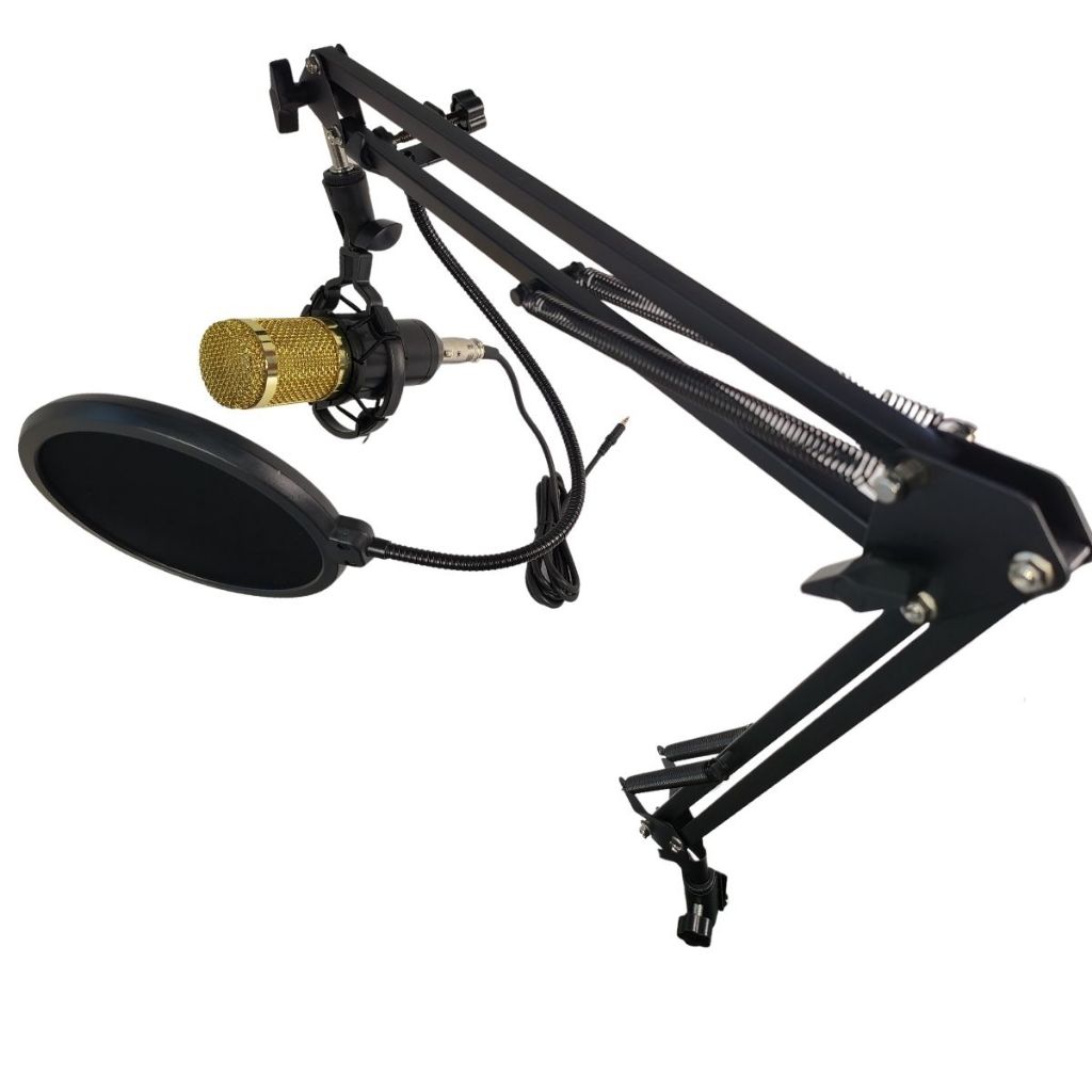 Microfone Condensador Kit Completo para Studio Suporte Articulado, Shock Mount, Pop Filter, Espuma, Clip Fixação