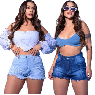 Kit 2 Short Jeans Feminino Barra Desfiada Cintura Alta Levanta Bumbum Cos Alto