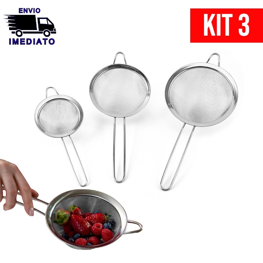 Kit 3 Peneira Coador de Aço Inoxidável Utensílios de cozinha para Cozinha Peneiras de 3 Tamanhos