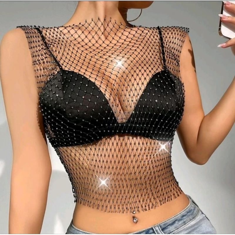 Blusa feminina Telinha com Strass Pedraria cropped arrastão