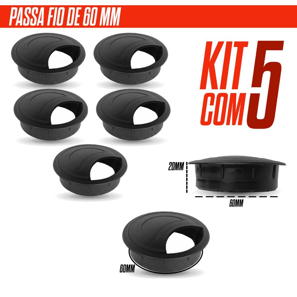 Kit 5 Unidade Passa Fio Cabo Preto 60mm Acabamento Mesa Escritorio Computador