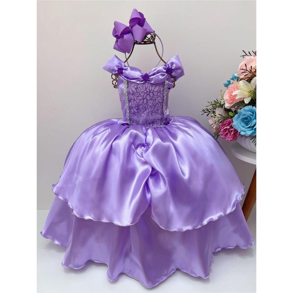 Fantasia Infantil Princesa Sofia Ariel Jasmine Rapunzel Lilás Dourado Carnaval Aniversário Luxo Bebê