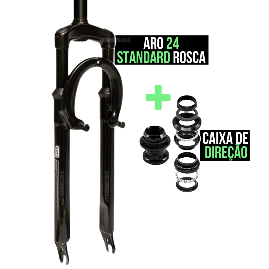 Suspensão Bike Aro 24 Garfo Amortecedor Standard + Caixa Direção Rosca 21,1mm