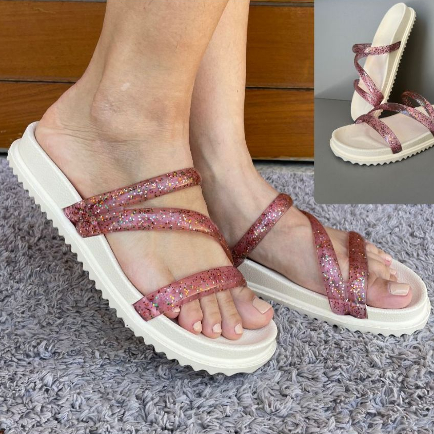 Sandália Papete  Feminina 3 Tiras Com Brilho Glitter Chinelo Rasteirinha Tendência