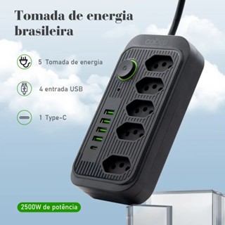 Extensão Filtro De Linha Segurança 5 Tomadas 4 Usb E Usb C Com Cabo De 1.9m Bivolt