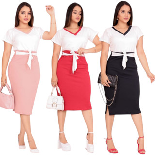 Conjunto Feminino Saia MIDI E Blusa Gola V Manga Curta  Moda Feminina Evangélica Casual Plus
