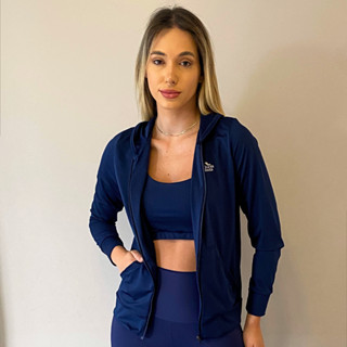Jaqueta Esportiva de Academia com Bolso Forrado Capuz Ziper Frontal Manga Comprida Casaco Feminino Quentinho Com Proteção Uv50+ Moda Fitness Inverno
