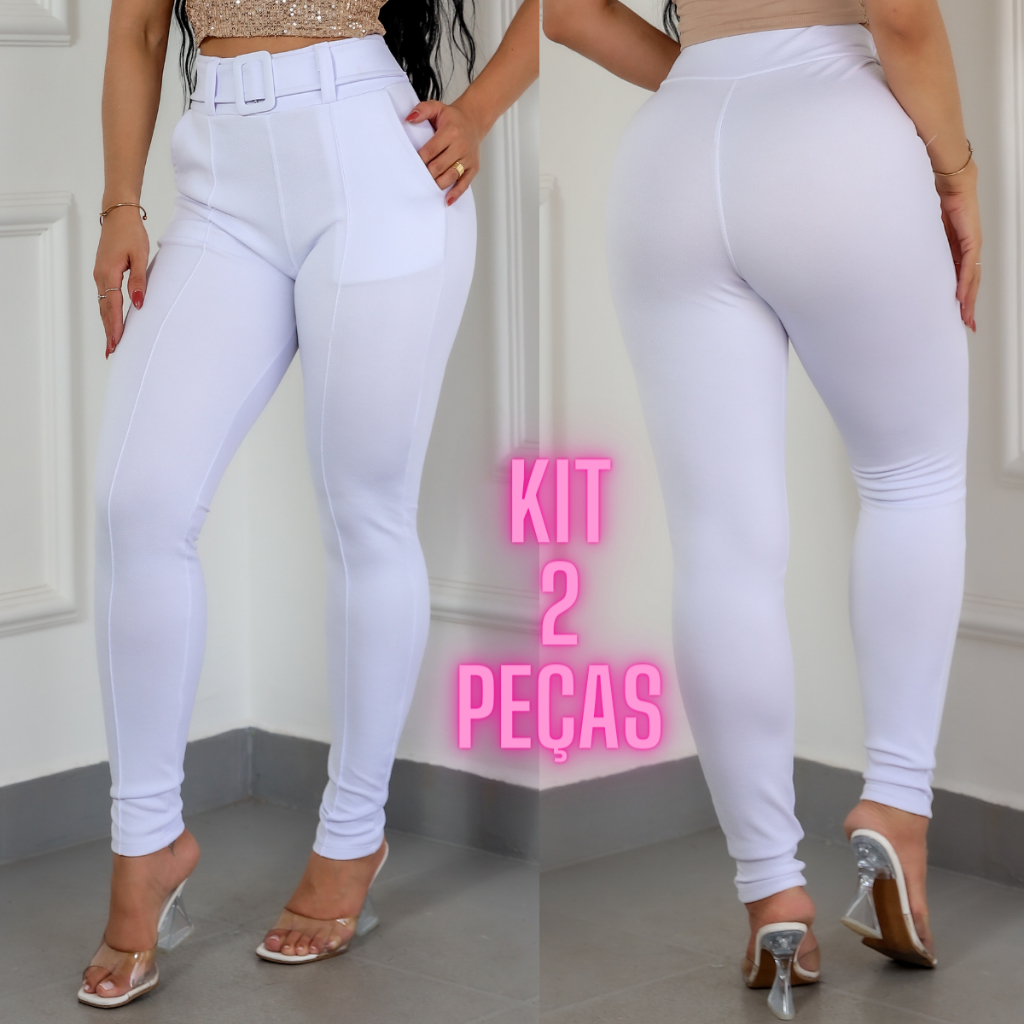 2 PEÇAS Calça Branca Feminina Skinny Malha Crepe Com Cinto Forrado Cintura Alta em Oferta na Shopee