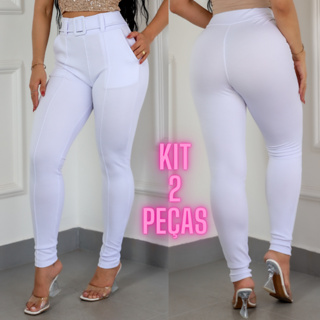 2 PEÇAS Calça Branca Feminina Skinny Malha Crepe Com Cinto Forrado Cintura Alta em Oferta na Shopee