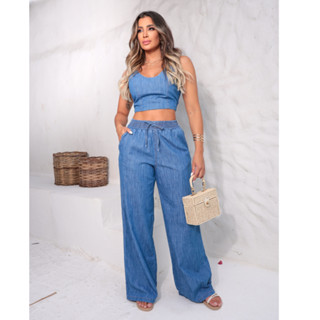 Conjunto Jeans Cropped Com lastex e Calça Pantalona Com Bolsos