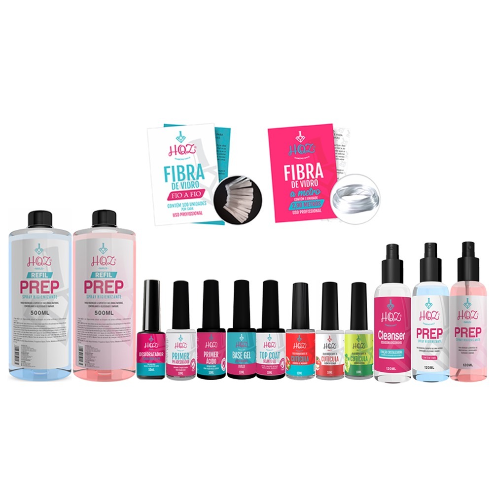 HQZ preparadores e finalizadores (Prep 500ml, desidratador, primer, primer ácido, base gel 10ml, top coat, óleo de cutícula, cleanser 120ml, prep. 120ml, fibra de vidro fio a fio, fibra de vidro 2,90m)