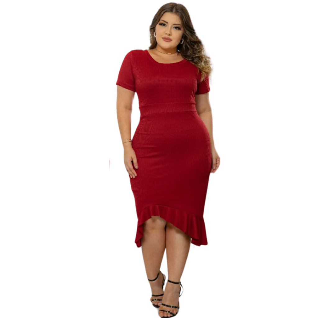 Vestido Feminino Plus Size Manga Curta solto e babado canelado e elastano da moda com manga lisa moda feminina casual