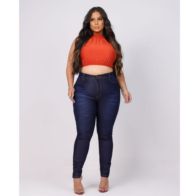 calcas femininas jeans escura plus size cintura alta com lycra skinny