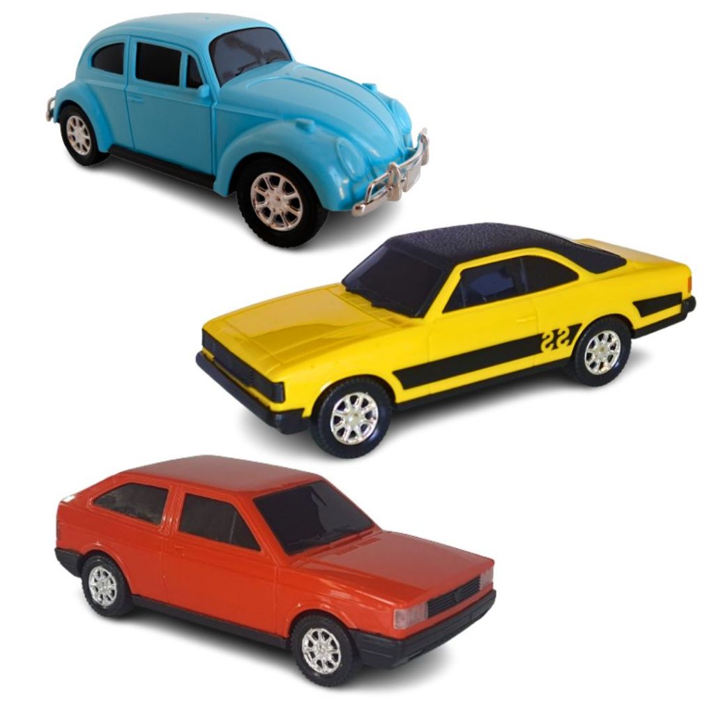 KIT 3 CARRINHOS: FUSCA, GOL QUADRADO, OPALA SS DIVERPLAS MINIATURA DE BRINQUEDO