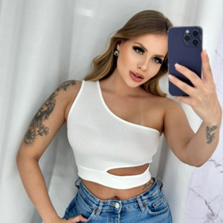 Cropped top feminino uma alça com recorte tendencia blogueira