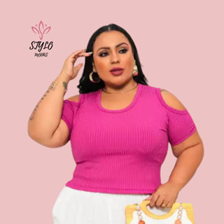Blusa Plus Size Feminina Cropped Canelado Recorte Ombro Manga Curta Blusinha Suplex