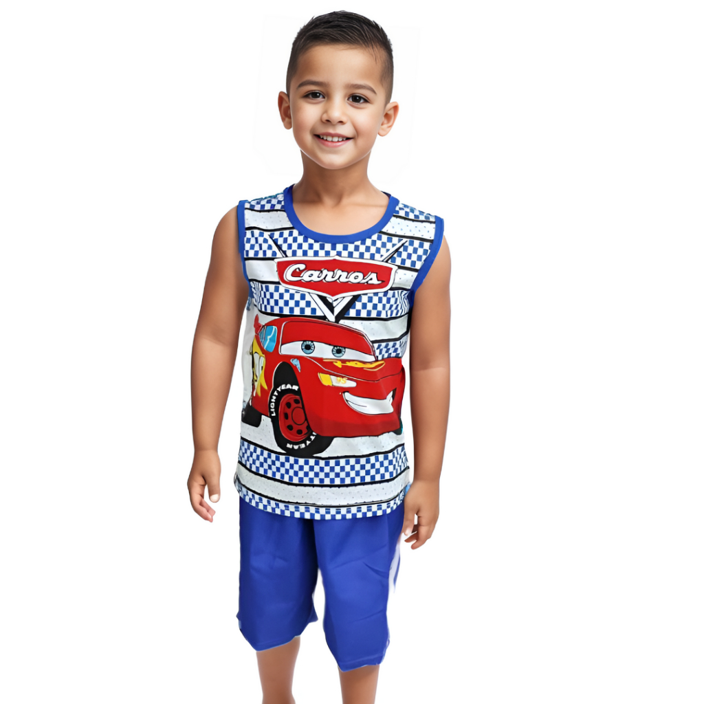 Conjunto Infantil Masculino Verão Camiseta e Bermuda Confortável Tecido Tactel Estampada Carros
