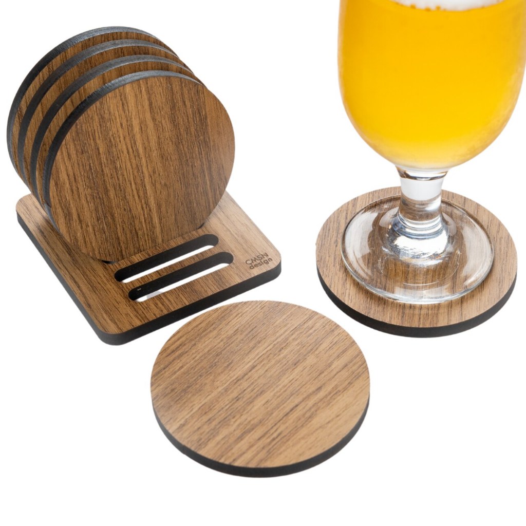 Bolacha Porta Copo Madeira Kit com 6 Peças Mais a Base, Porta Copo de Mesa, Descanso de Co...