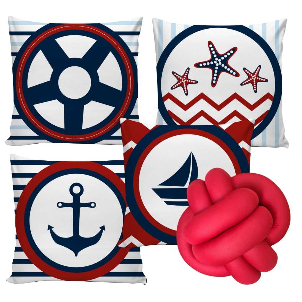 Kit 4 Capa para Almofada Náutica Mar Personalizada +Almofada de Nozinho pra Quarto Sala Decorativas com Zíper 0.45x0.45cm Ancora Vermelha