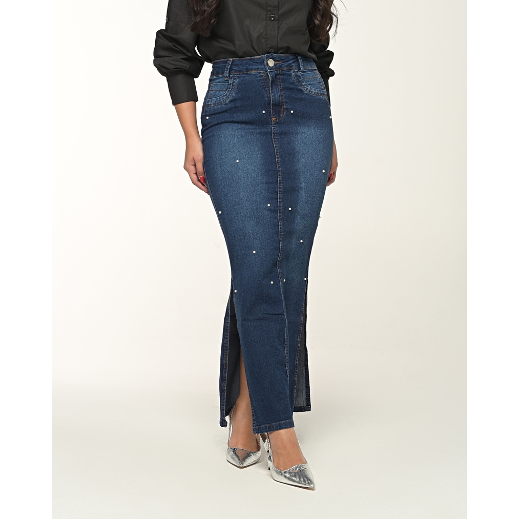 Saia Jeans Longa com Design Exclusivo em Pérolas e Lycra 7 PALLAS em Oferta na Shopee