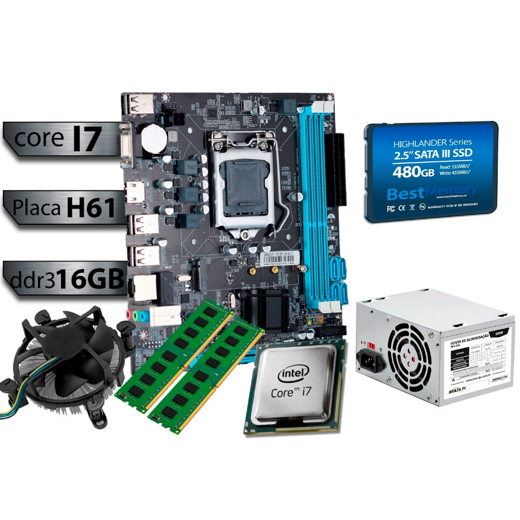 Kit Pl Mãe H61 + Processador I7 2600 + Memória ddr3 16gb + Cooler + SSD 480gb