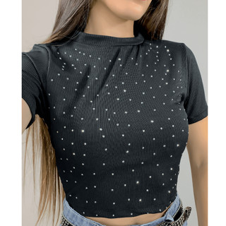 Cropped Canelado Com Pedrinhas Brilhantes Strass