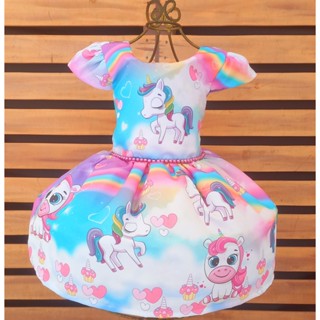 Vestido Luxo Infantil Temático Unicórnio baby rosa Arco- iris coração