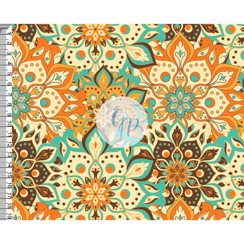 Tecido tricoline, microfibra ou gabardine - Mandala- bege e tiffany - 0.50CM em Oferta na Shopee