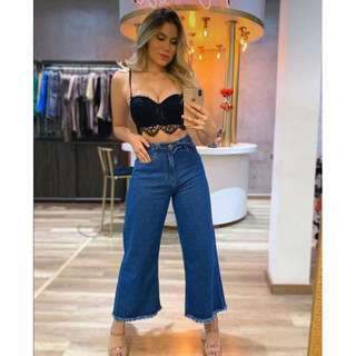 Calça Jeans  Pantacourt cintura alta/ Feminina/pantalona/capri
