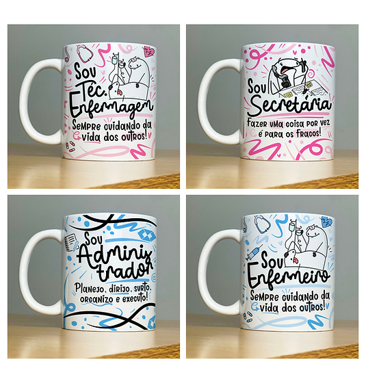 Caneca Personalizada Xicara de Porcelana Flork Profissões Psicóloga Enfermeira Professora Advogada