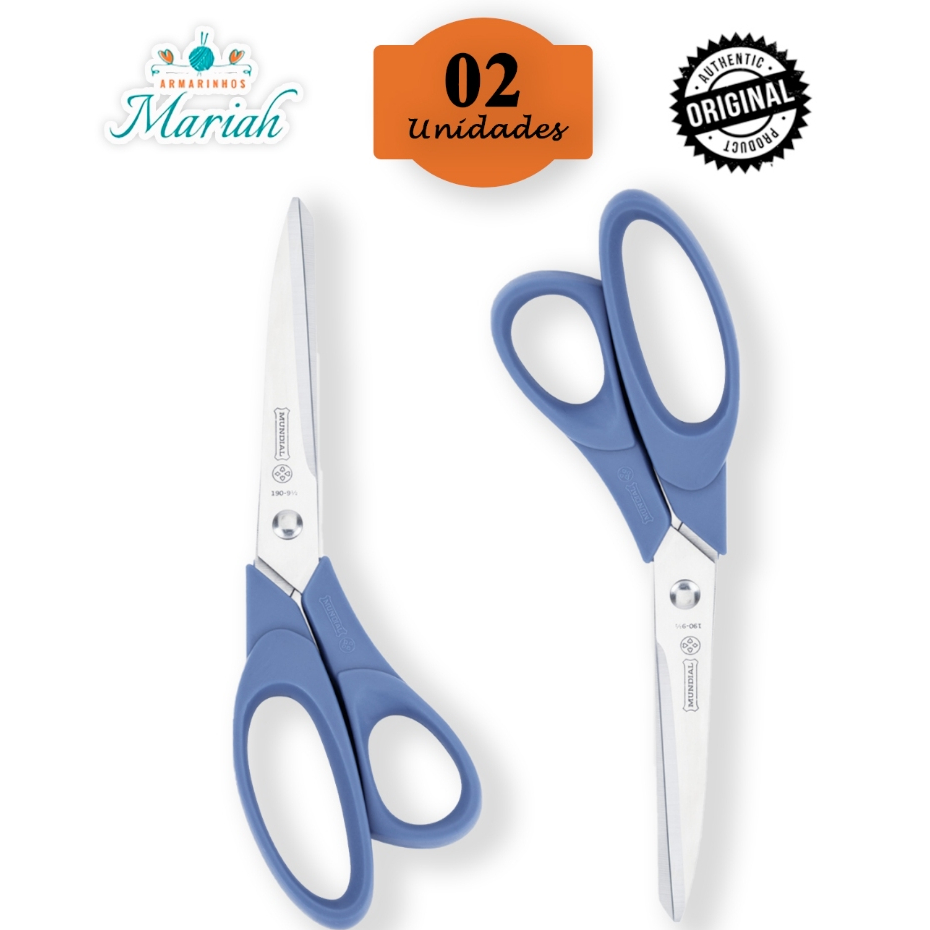 KIT COM 02 UN - TESOURA COSTURA AZUL CORTE FACIL MUNDIAL 190-9.1/2 em Oferta na Shopee