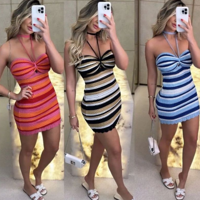 Vestido Curto Feminino Tricot Modal Listras Modal Trico Verão Listrado Moda Feminina Alça de Amarrar