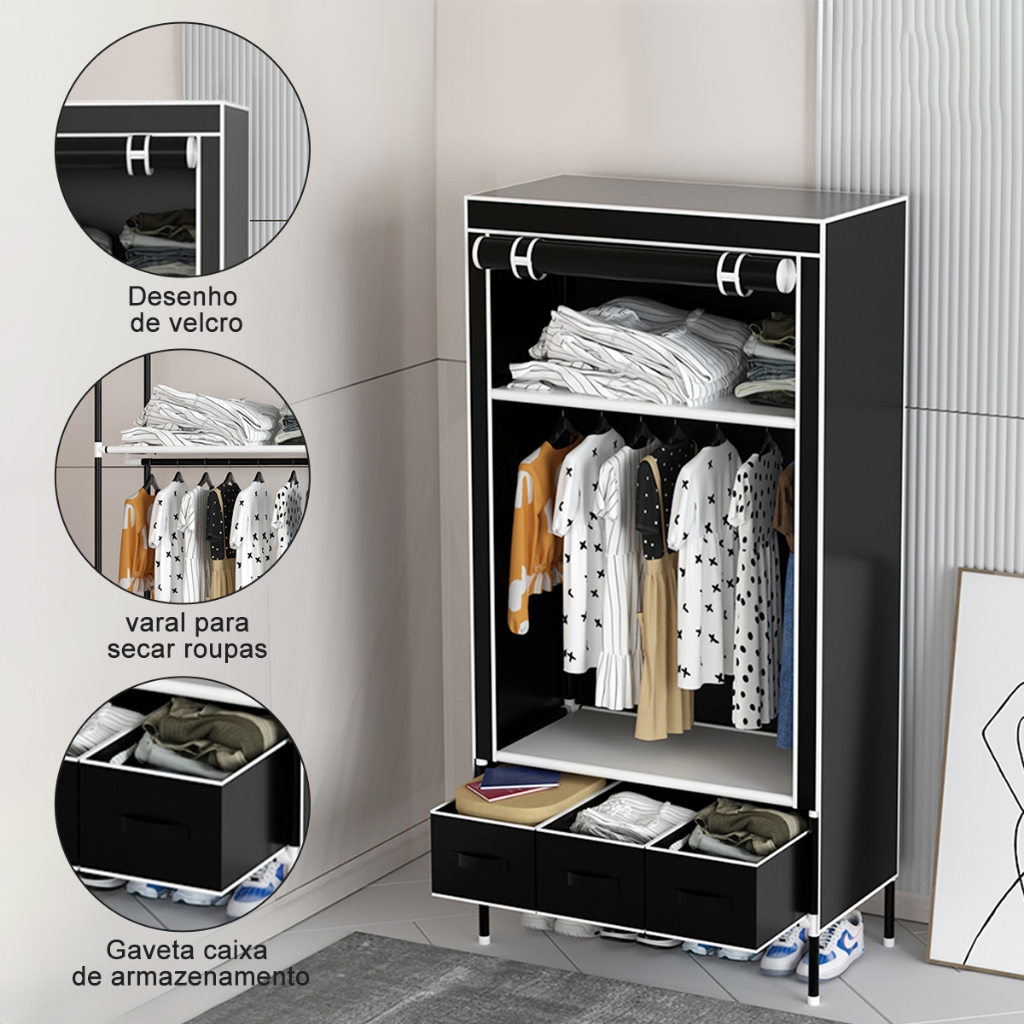 Guarda Roupa Dobrável Para Armazenamento de Roupas Com 3 Gavetas Guarda Roupa Portatil Cor:Preto