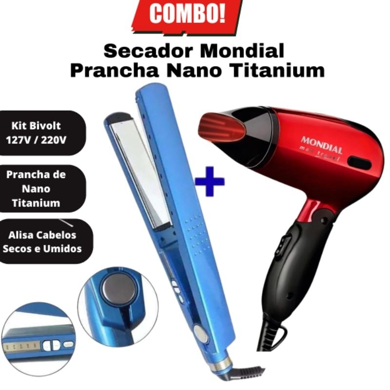 Kit Secador De Cabelo Portátil e Prancha Chapinha Iônica - Bivolt