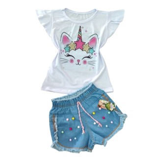 CONJUNTO JEANS INFANTIL UNICÓRNIO GATINHO.