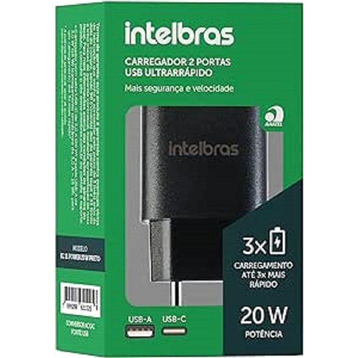 Carregador Ultra Rápido 2 Portas Usb 3A Ec 11 Power 20w Preto Intelbras (3x mais rapido)