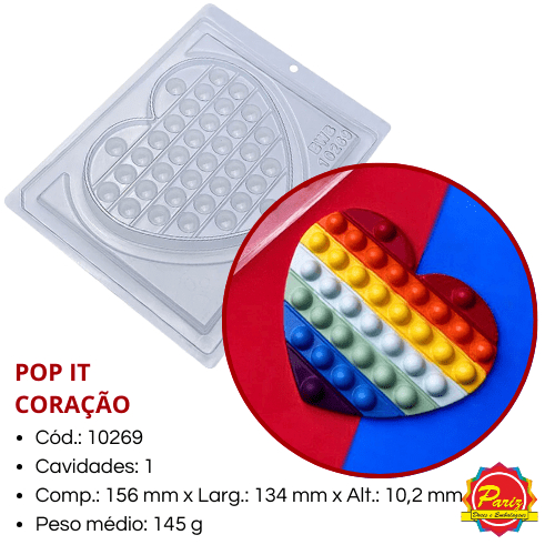 Forma Pop it Coração Simples sem Silicone C.10269 Forma para Chocolate - BWB