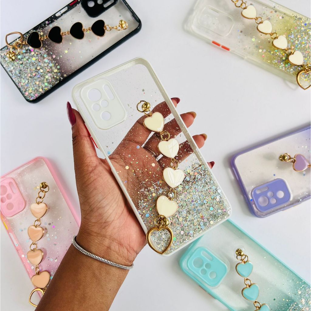 Capa Glitter com Corrente Coração Para Xiaomi Redmi Note 10/ 10S/ 10 4G Capa Varias cores Coração CF53.