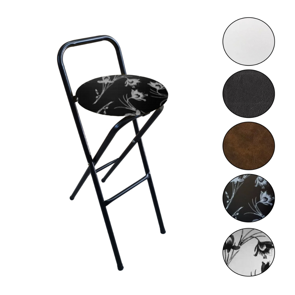 Banco Banqueta Baixa Mônaco Dobrável Pintura Epóxi Preta Com Assento Estofado Várias Cores