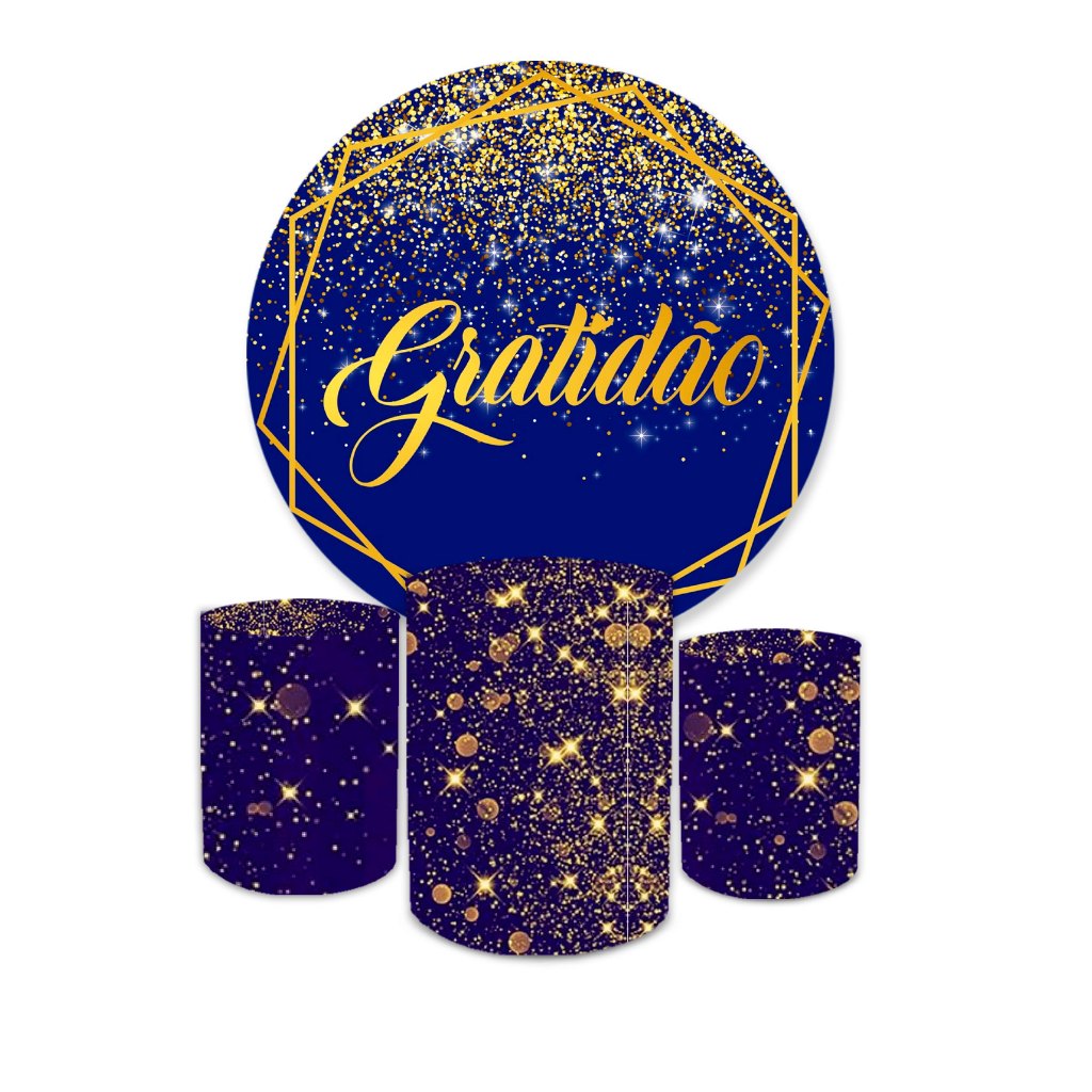 Kit Capa Painel Redondo 1,50 + Trio de Cilindros Gratidão Azul Glitter Dourado