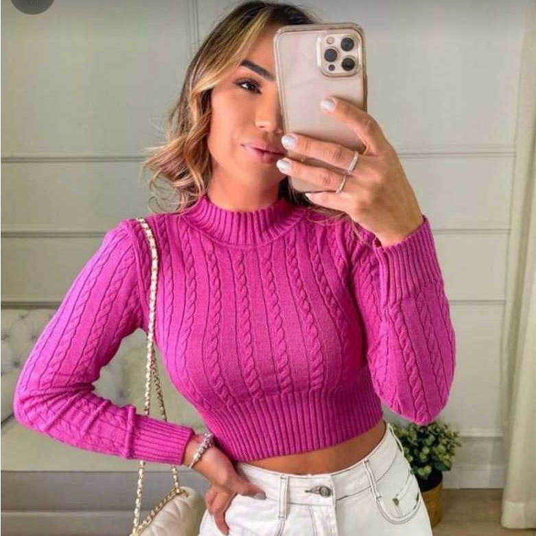 Blusa Cropped Feminino Manga Longa Tricot Modal Elegante
