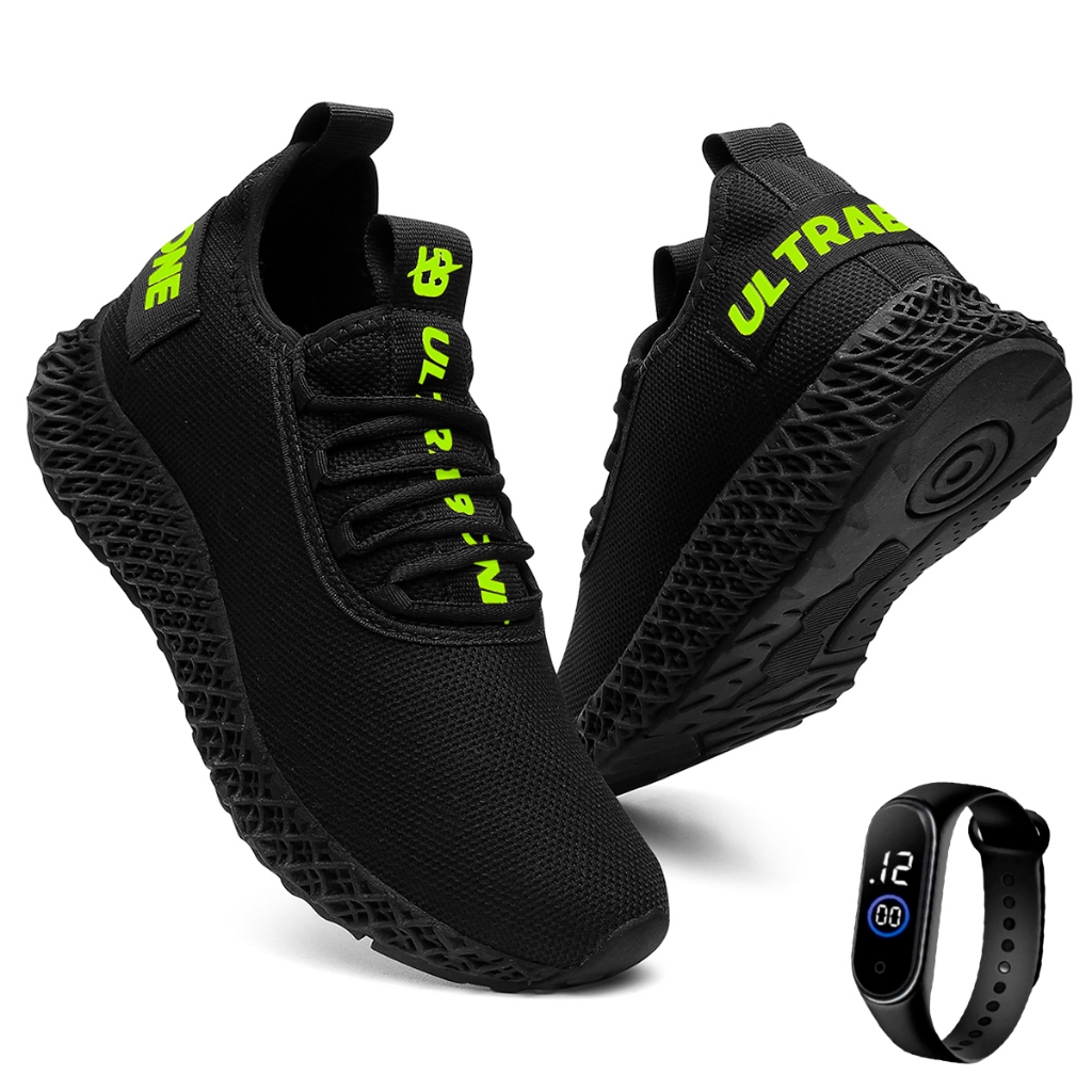 Tenis Masculino Ultrabone Black Caminhada Leve Academia Sporte + Relógio
