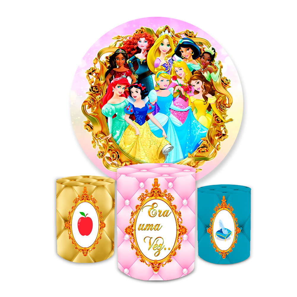 Kit Capa Painel Redondo Festivo + Trio de Cilindros Sublimado Decoração Festa Tema Princesas em Oferta na Shopee
